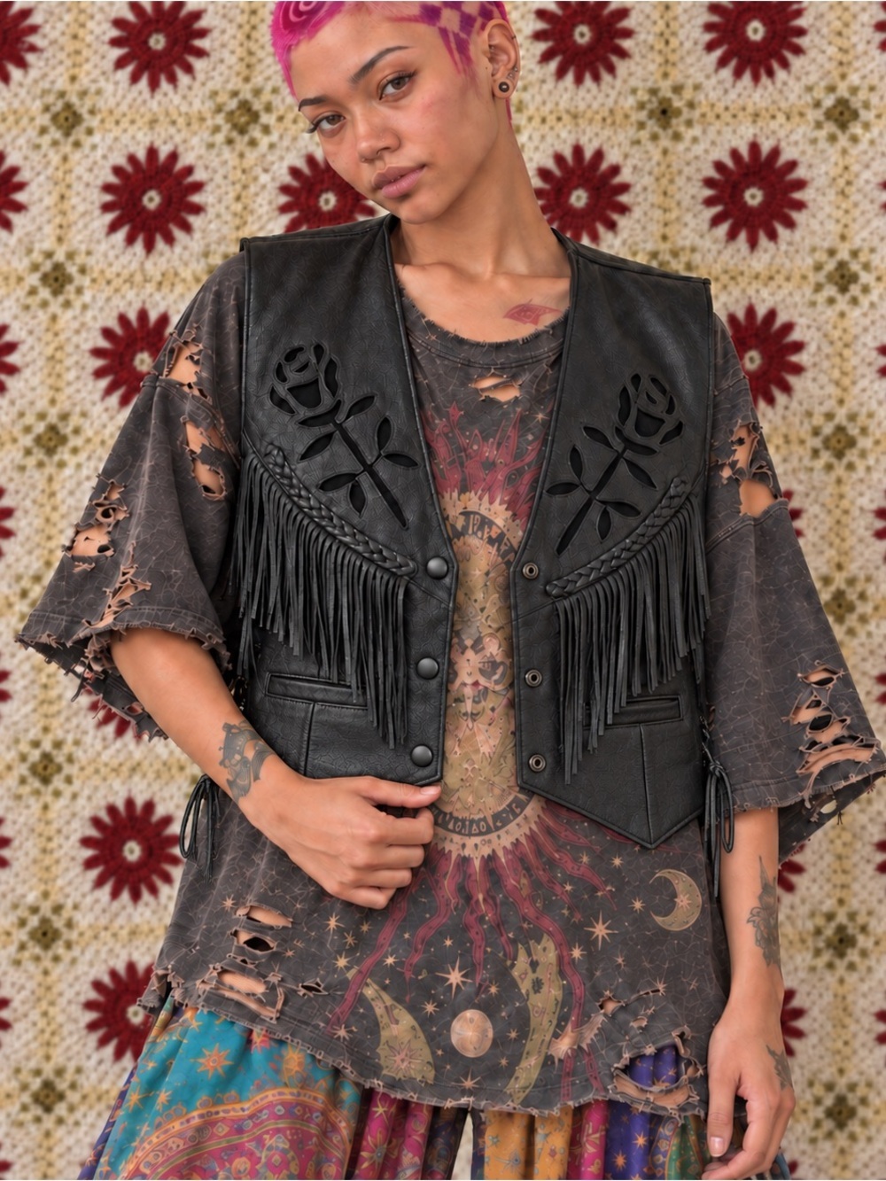 Vintage MOB Black Genuine Leather Fringe Western Vest Size 14 - Picture 2 of 16